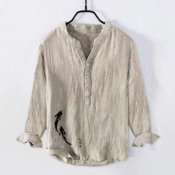 Chemise à manches longues en coton et lin pour homme, motif Buddha Stones et deux poissons koï, demi-boutons - Lin - États-Unis/Royaume-Uni/AU50, EU60 (5XL) - image 0