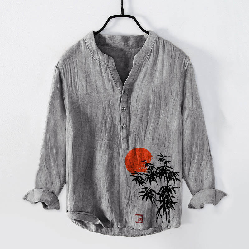 Chemise à manches longues en coton et lin pour homme, motif Buddha Stones de bambou et soleil rouge, demi-boutons - Gris - États-Unis/Royaume-Uni/AU50, EU60 (5XL) - image 3