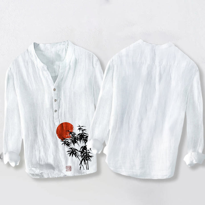 Chemise à manches longues en coton et lin pour homme, motif Buddha Stones de bambou et soleil rouge, demi-boutons - image 8