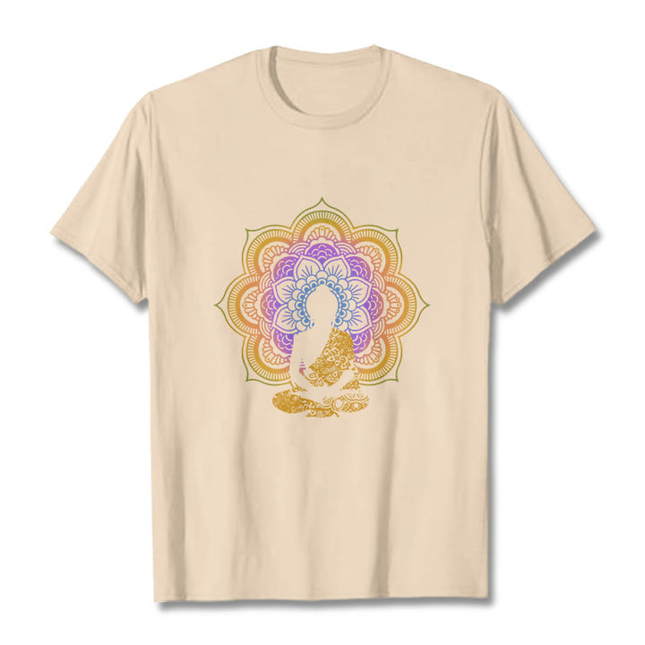 T-shirt à motif Bouddha assis multicolore avec Buddha Stones et fleurs mandala - Bisque - 2XL - image 10