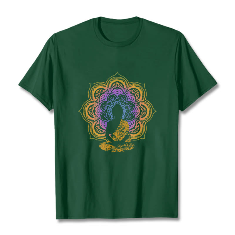 T-shirt à motif Bouddha assis multicolore avec Buddha Stones et fleurs mandala - Forêt Verte - 2XL - image 12
