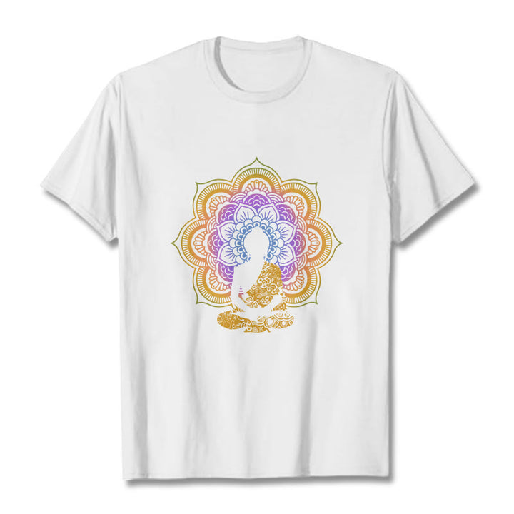 T-shirt à motif Bouddha assis multicolore avec Buddha Stones et fleurs mandala - Blanc - 2XL - image 5