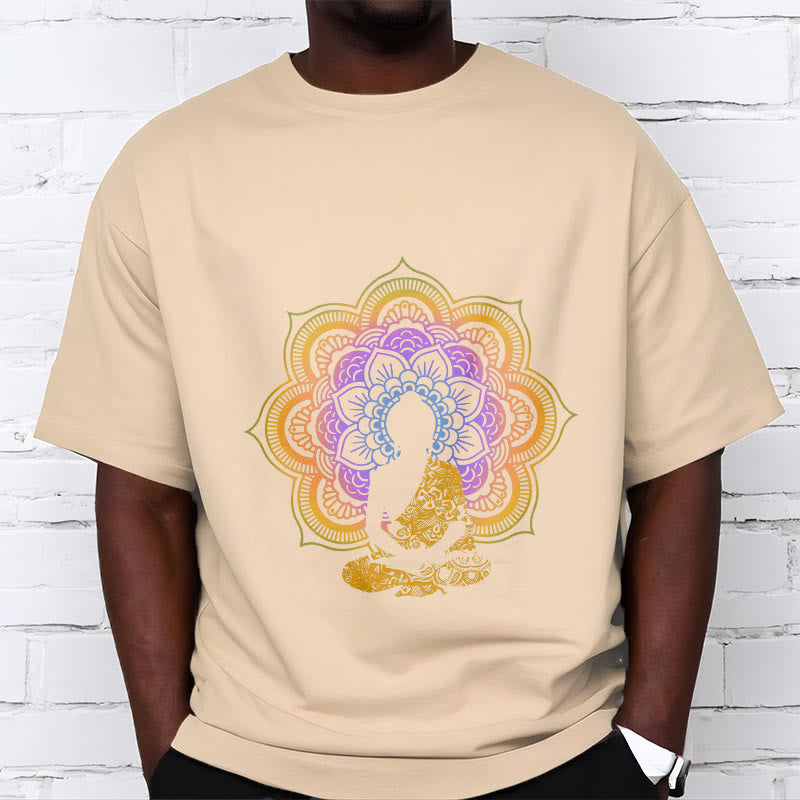 T-shirt à motif Bouddha assis multicolore avec Buddha Stones et fleurs mandala - image 11