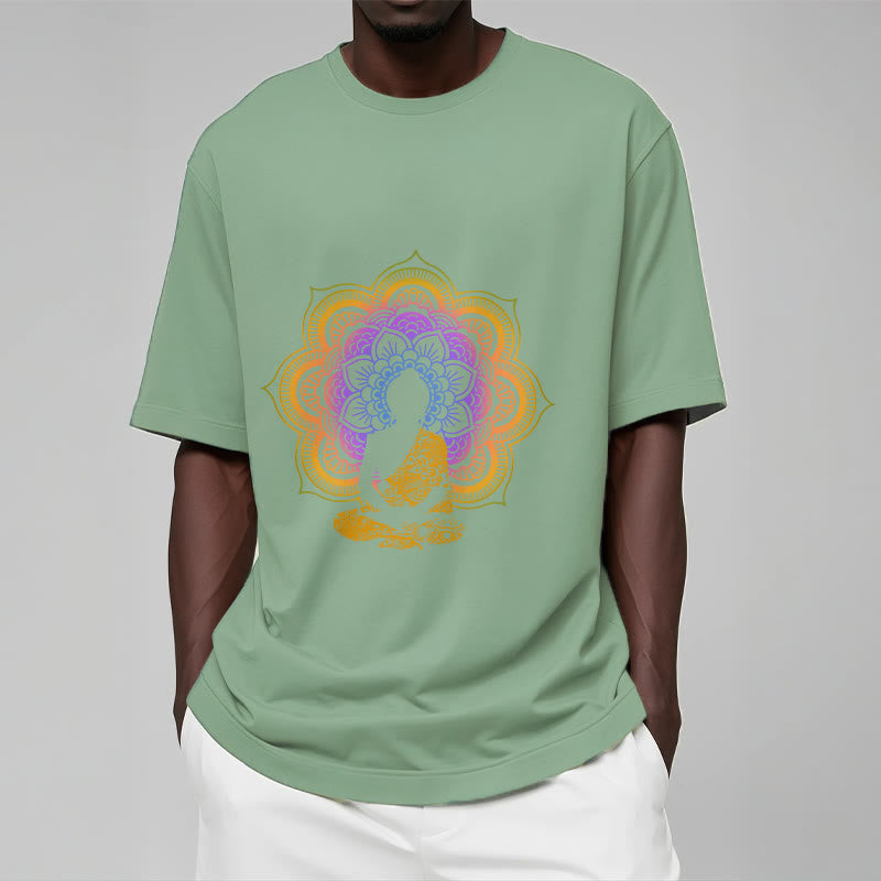 T-shirt à motif Bouddha assis multicolore avec Buddha Stones et fleurs mandala - image 9