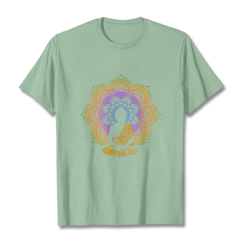 T-shirt à motif Bouddha assis multicolore avec Buddha Stones et fleurs mandala - Vert pâle - 2XL - image 8