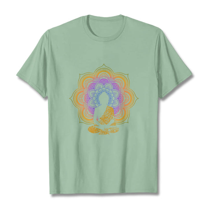 T-shirt à motif Bouddha assis multicolore avec Buddha Stones et fleurs mandala - Vert pâle - 2XL - image 8