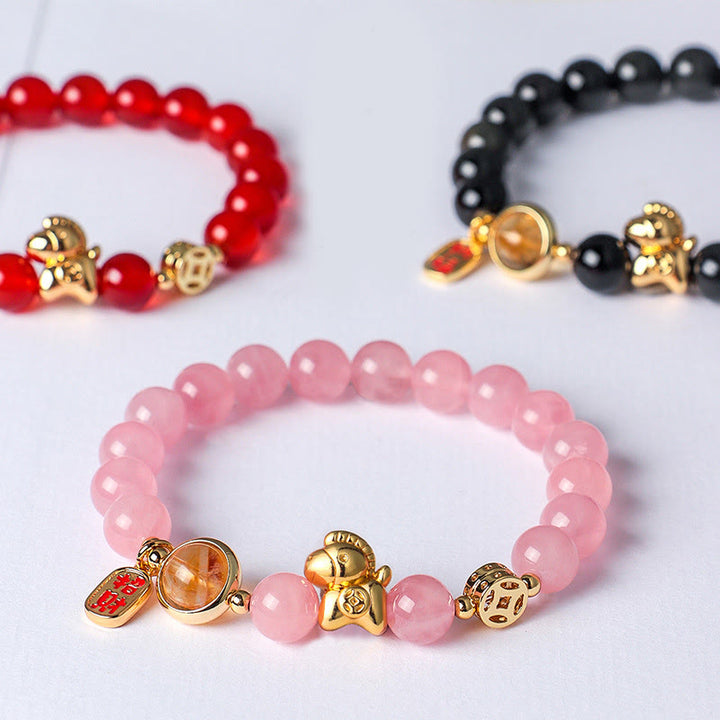 Bracelet de force en obsidienne noire naturelle de 8 mm, agate rouge et cristal rose, Année du Buddha Stones - image 17