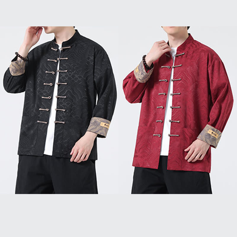 Veste en coton à manches longues pour homme avec poches et motif vague de montagne et boutons de grenouille Buddha Stones - image 17