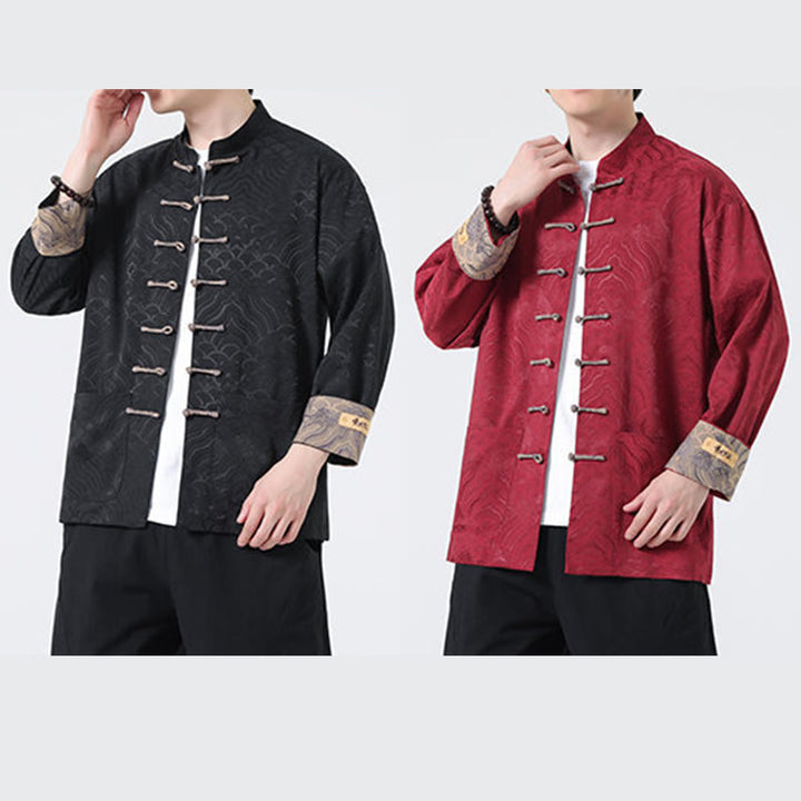 Veste en coton à manches longues pour homme avec poches et motif vague de montagne et boutons de grenouille Buddha Stones - image 17