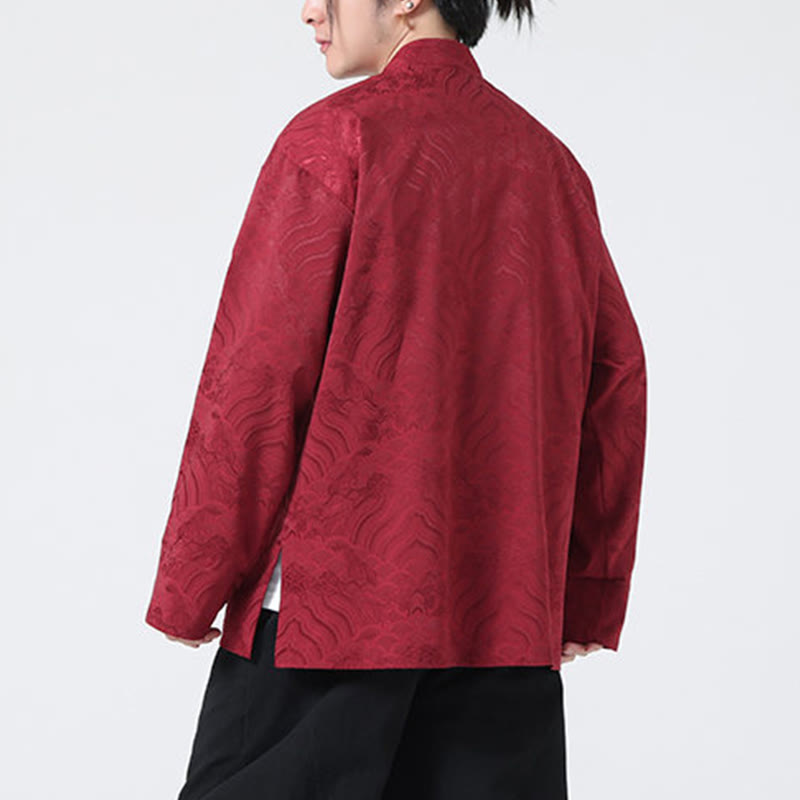 Veste en coton à manches longues pour homme avec poches et motif vague de montagne et boutons de grenouille Buddha Stones - image 2