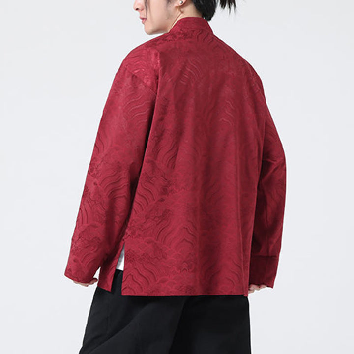 Veste en coton à manches longues pour homme avec poches et motif vague de montagne et boutons de grenouille Buddha Stones - image 2