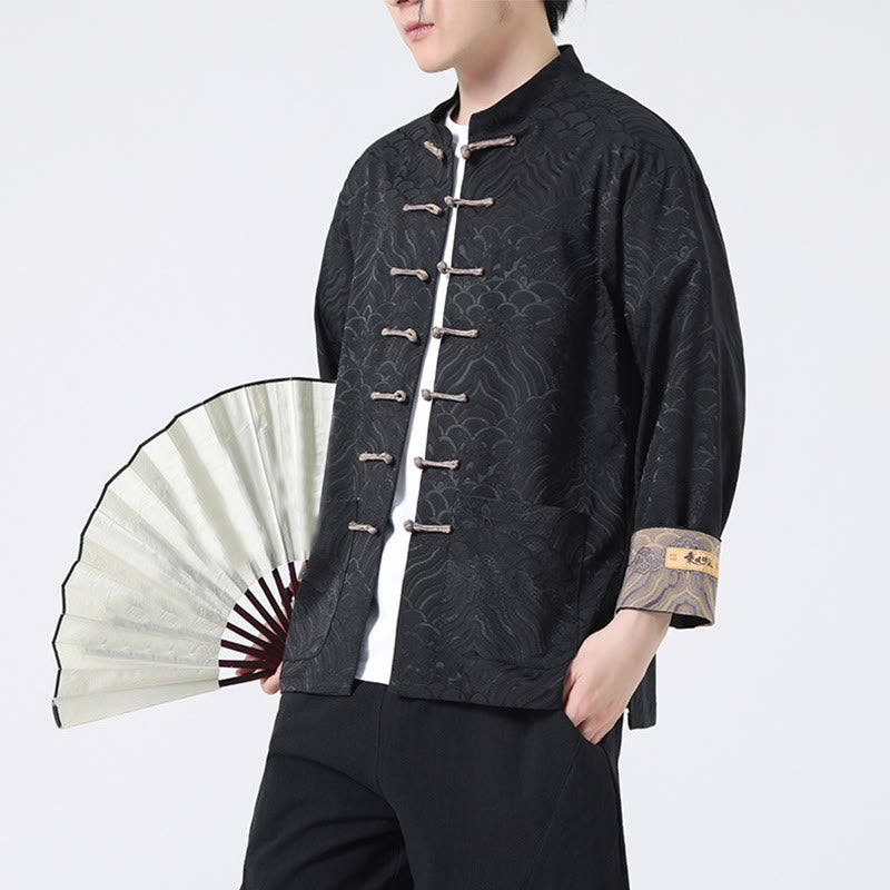 Veste en coton à manches longues pour homme avec poches et motif vague de montagne et boutons de grenouille Buddha Stones - image 12