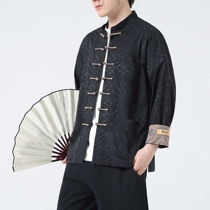 Veste en coton à manches longues pour homme avec poches et motif vague de montagne et boutons de grenouille Buddha Stones - image 12
