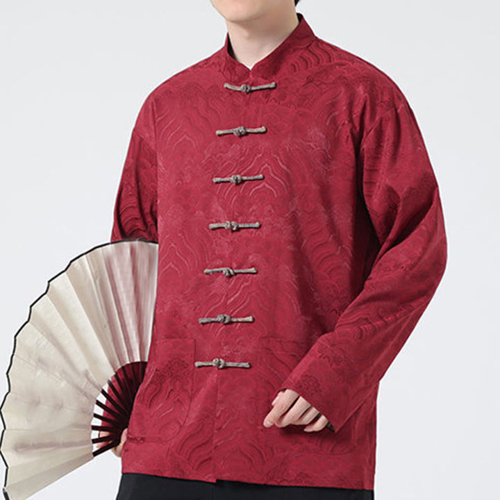 Veste en coton à manches longues pour homme avec poches et motif vague de montagne et boutons de grenouille Buddha Stones - image 8