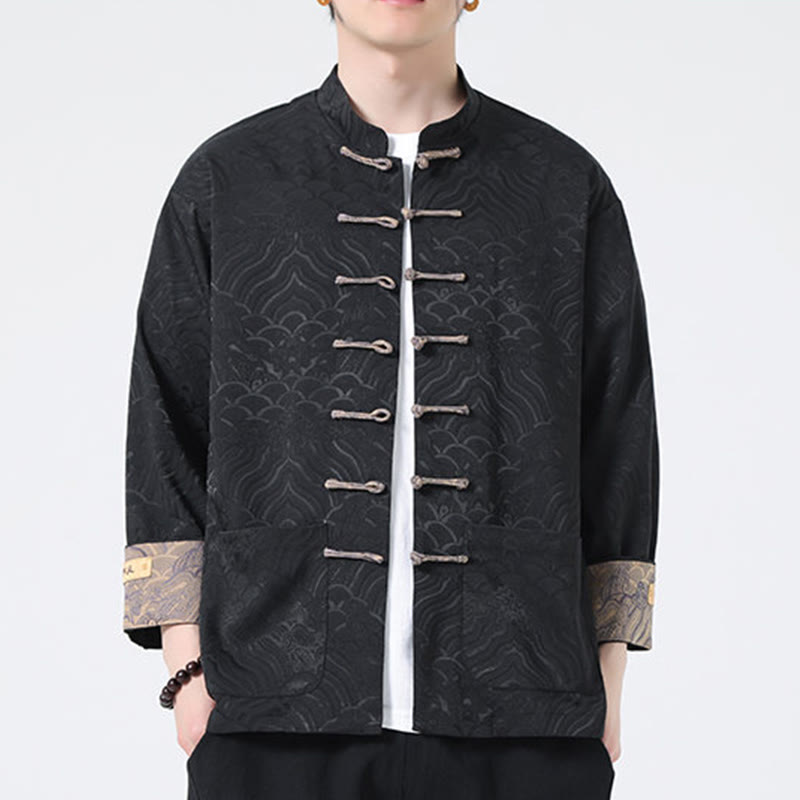Veste en coton à manches longues pour homme avec poches et motif vague de montagne et boutons de grenouille Buddha Stones - image 14