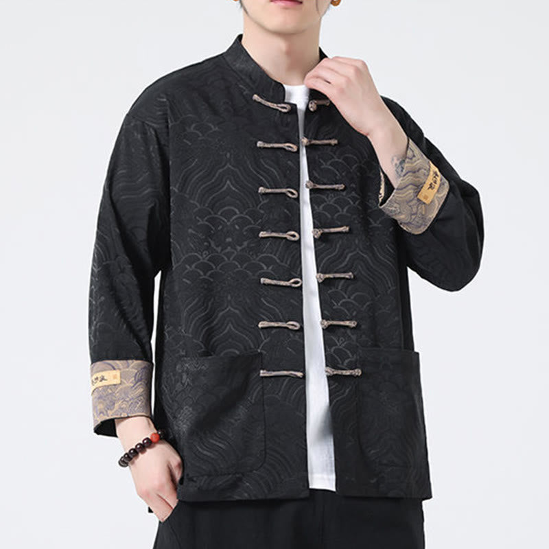 Veste en coton à manches longues pour homme avec poches et motif vague de montagne et boutons de grenouille Buddha Stones - image 15