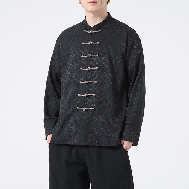 Veste en coton à manches longues pour homme avec poches et motif vague de montagne et boutons de grenouille Buddha Stones - image 10