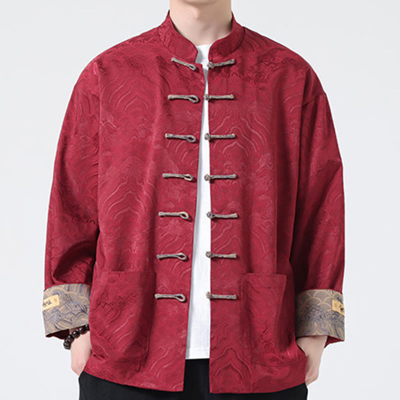Veste en coton à manches longues pour homme avec poches et motif vague de montagne et boutons de grenouille Buddha Stones - image 7