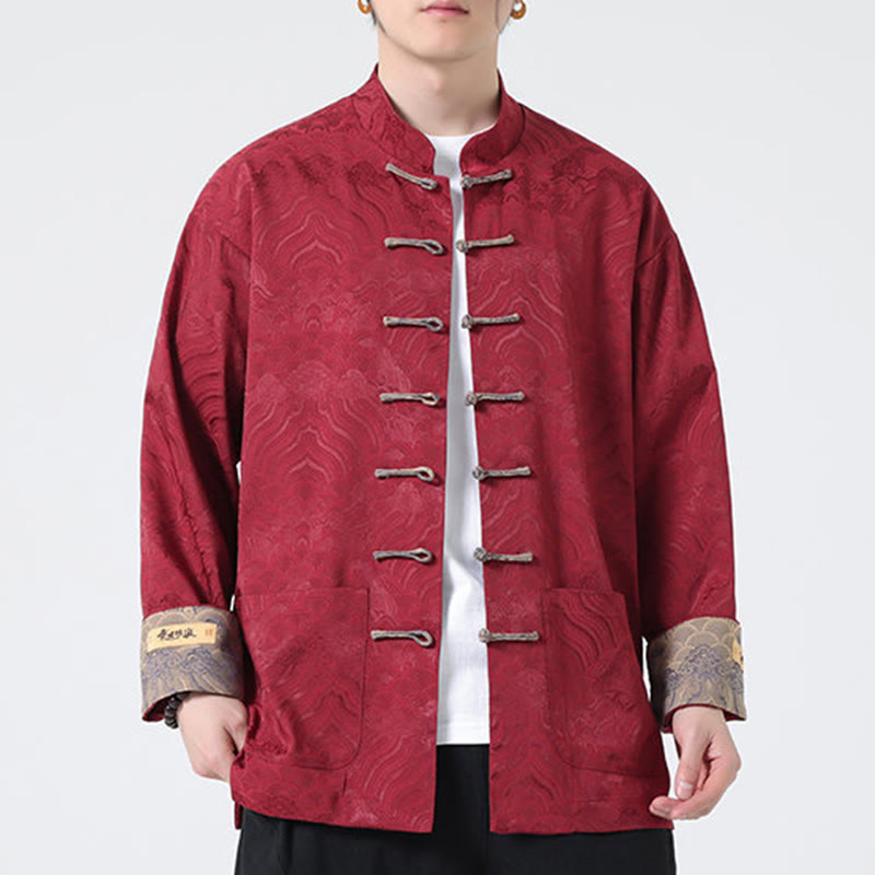 Veste en coton à manches longues pour homme avec poches et motif vague de montagne et boutons de grenouille Buddha Stones - image 4