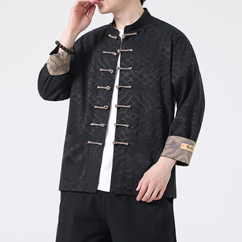 Veste en coton à manches longues pour homme avec poches et motif vague de montagne et boutons de grenouille Buddha Stones - image 13