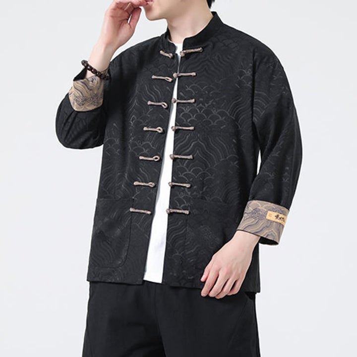 Veste en coton à manches longues pour homme avec poches et motif vague de montagne et boutons de grenouille Buddha Stones - image 13