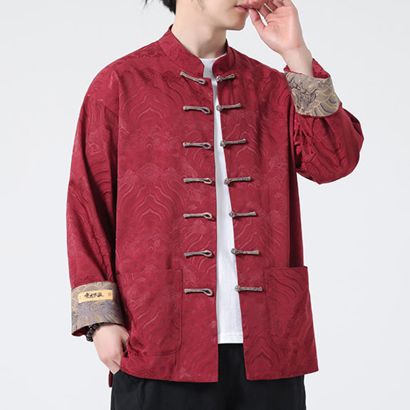 Veste en coton à manches longues pour homme avec poches et motif vague de montagne et boutons de grenouille Buddha Stones - image 5