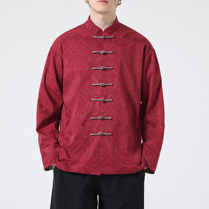 Veste en coton à manches longues pour homme avec poches et motif vague de montagne et boutons de grenouille Buddha Stones - image 1