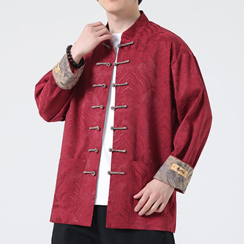 Veste en coton à manches longues pour homme avec poches et motif vague de montagne et boutons de grenouille Buddha Stones - image 6