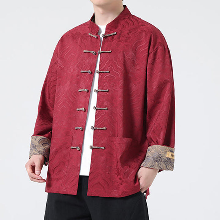 Veste en coton à manches longues pour homme avec poches et motif vague de montagne et boutons de grenouille Buddha Stones - image 3