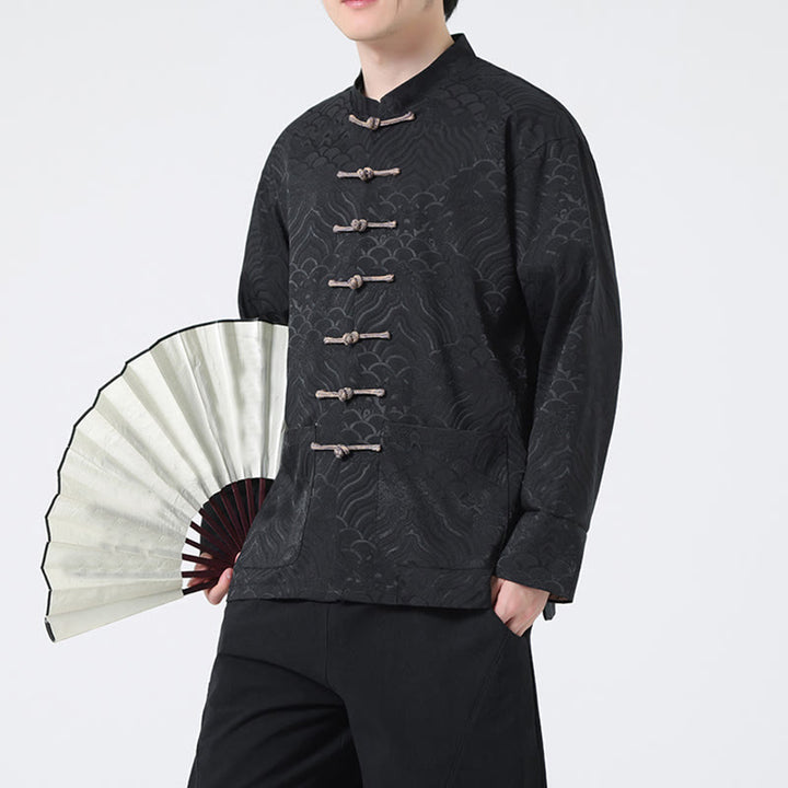 Veste en coton à manches longues pour homme avec poches et motif vague de montagne et boutons de grenouille Buddha Stones - Noir - US/UK/AU46,EU56 (5XL) - image 9