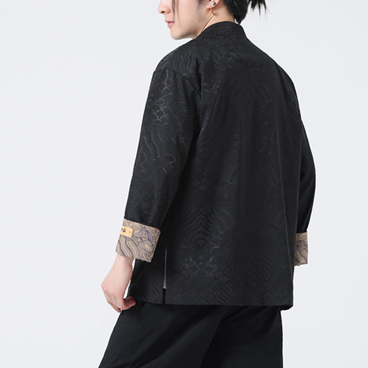 Veste en coton à manches longues pour homme avec poches et motif vague de montagne et boutons de grenouille Buddha Stones - image 11