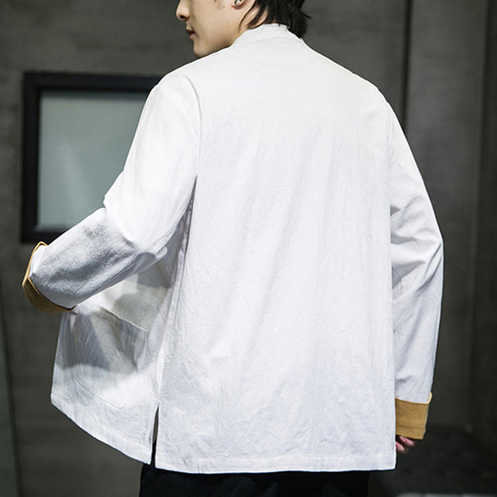 Veste en coton à manches longues et poches pour homme, motif grues et Buddha Stones brodées, boutons grenouille - image 10