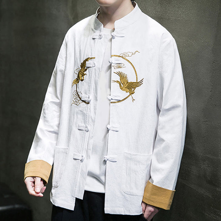 Veste en coton à manches longues et poches pour homme, motif grues et Buddha Stones brodées, boutons grenouille - image 11