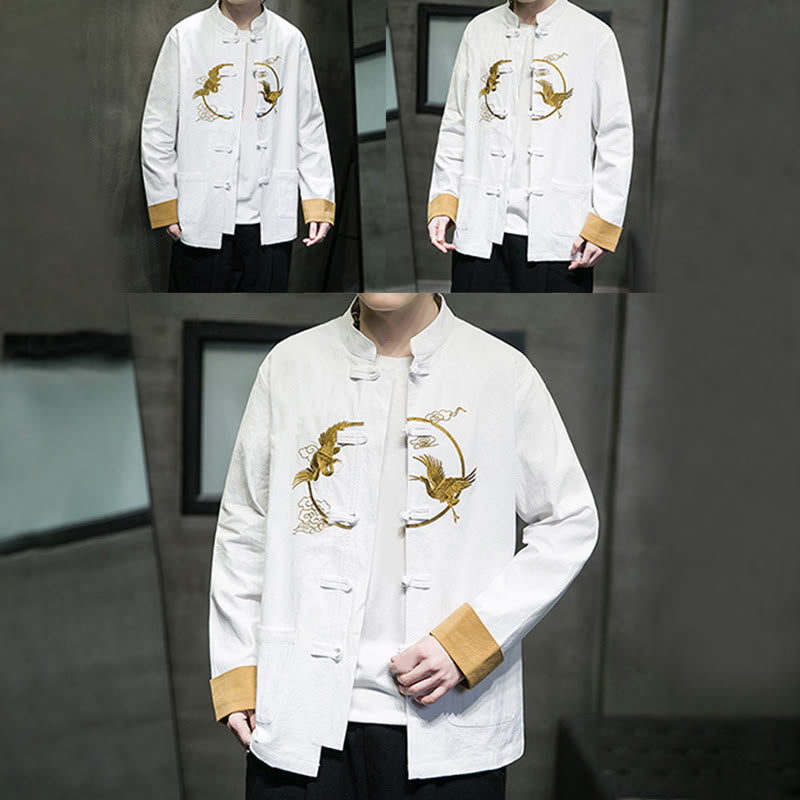 Veste en coton à manches longues et poches pour homme, motif grues et Buddha Stones brodées, boutons grenouille - image 18