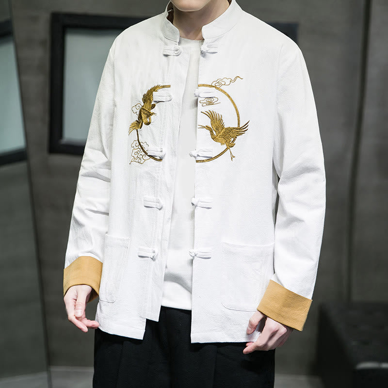 Veste en coton à manches longues et poches pour homme, motif grues et Buddha Stones brodées, boutons grenouille - image 8