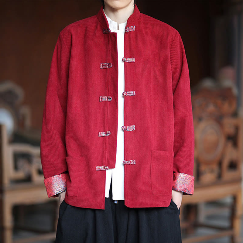 Veste à manches longues en velours côtelé de coton pour homme avec poches et boutons grenouille en jacquard Buddha Stones Spring - Cramoisi - US/UK/AU46,EU56 (5XL) - image 0