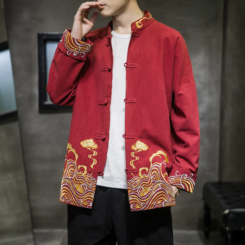Veste de costume Tang en coton à manches longues pour homme, avec boutons grenouille et broderies de Buddha Stones et nuages - Cramoisi - US/UK/AU46,EU56 (5XL) - image 0