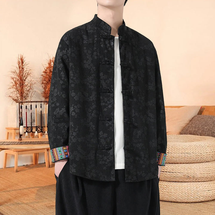Veste de costume Tang en velours côtelé de coton à manches longues pour homme, motif fleur de prunier uni , Buddha Stones - Noir - US/UK/AU46,EU56 (5XL) - image 4