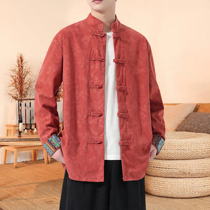 Veste de costume Tang en velours côtelé de coton à manches longues pour homme, motif fleur de prunier uni , Buddha Stones - Tomate - US/UK/AU46,EU56 (5XL) - image 9