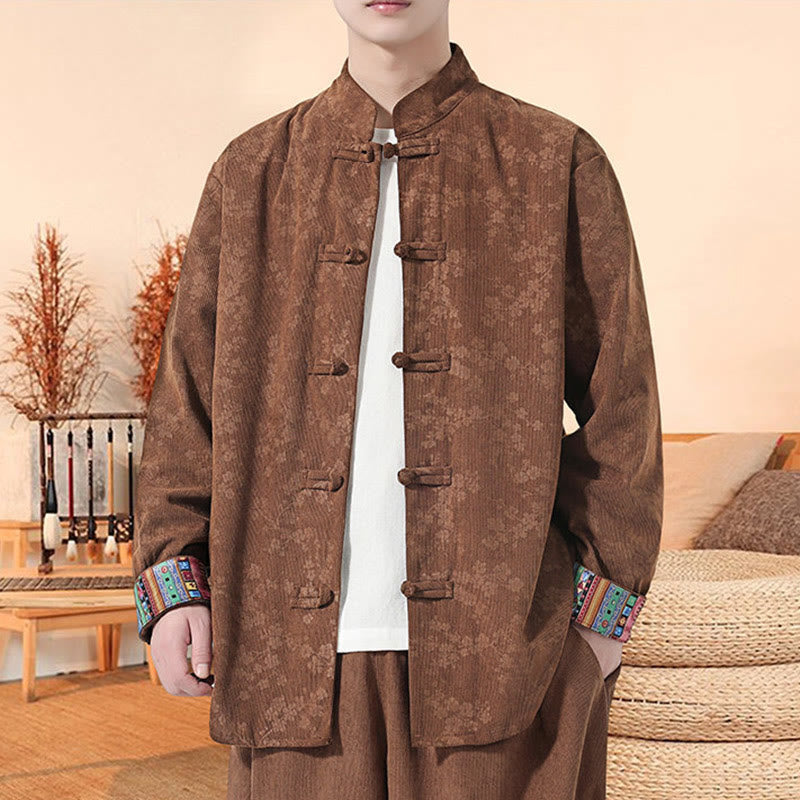 Veste de costume Tang en velours côtelé de coton à manches longues pour homme, motif fleur de prunier uni , Buddha Stones - Terre de sienne - US/UK/AU46,EU56 (5XL) - image 14