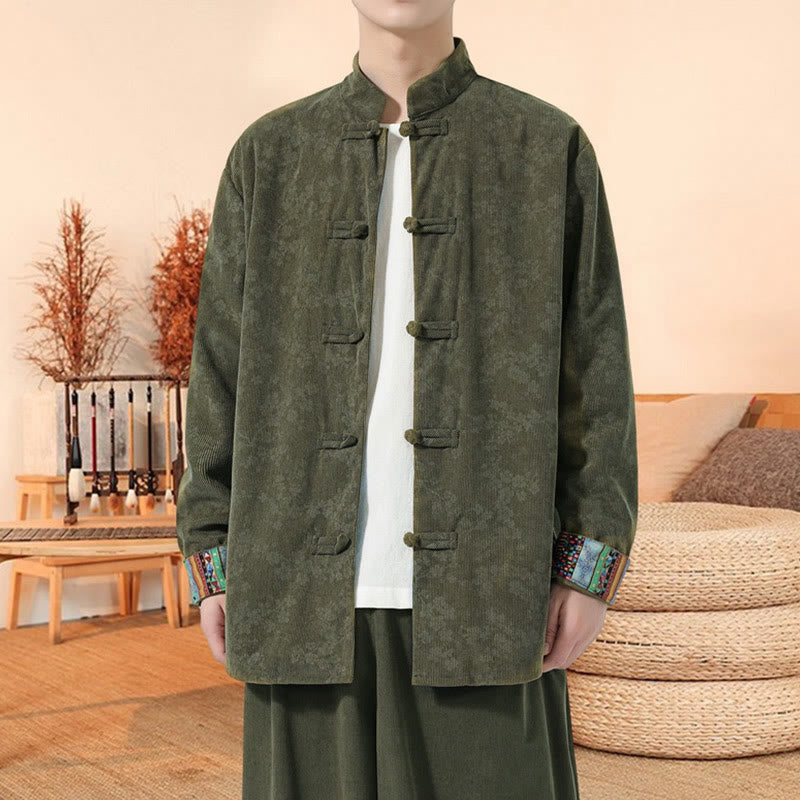 Veste de costume Tang en velours côtelé de coton à manches longues pour homme, motif fleur de prunier uni , Buddha Stones - image 1