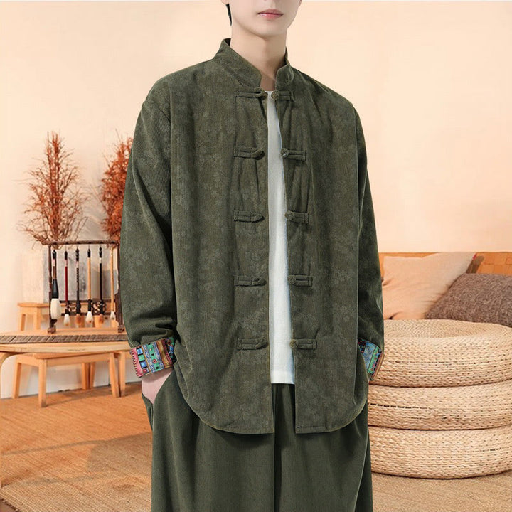 Veste de costume Tang en velours côtelé de coton à manches longues pour homme, motif fleur de prunier uni , Buddha Stones - image 2