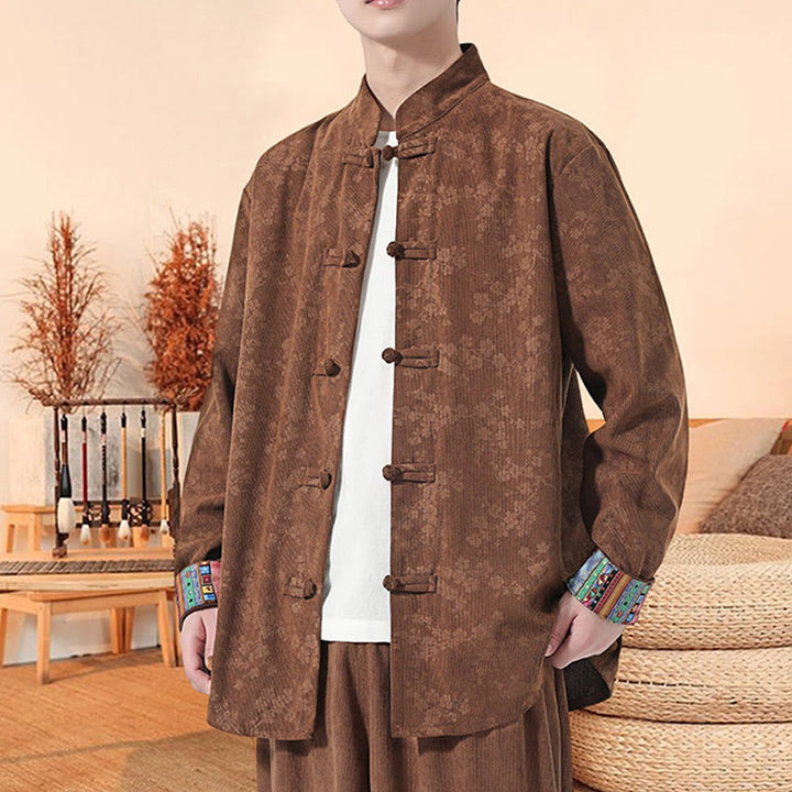 Veste de costume Tang en velours côtelé de coton à manches longues pour homme, motif fleur de prunier uni , Buddha Stones - image 16