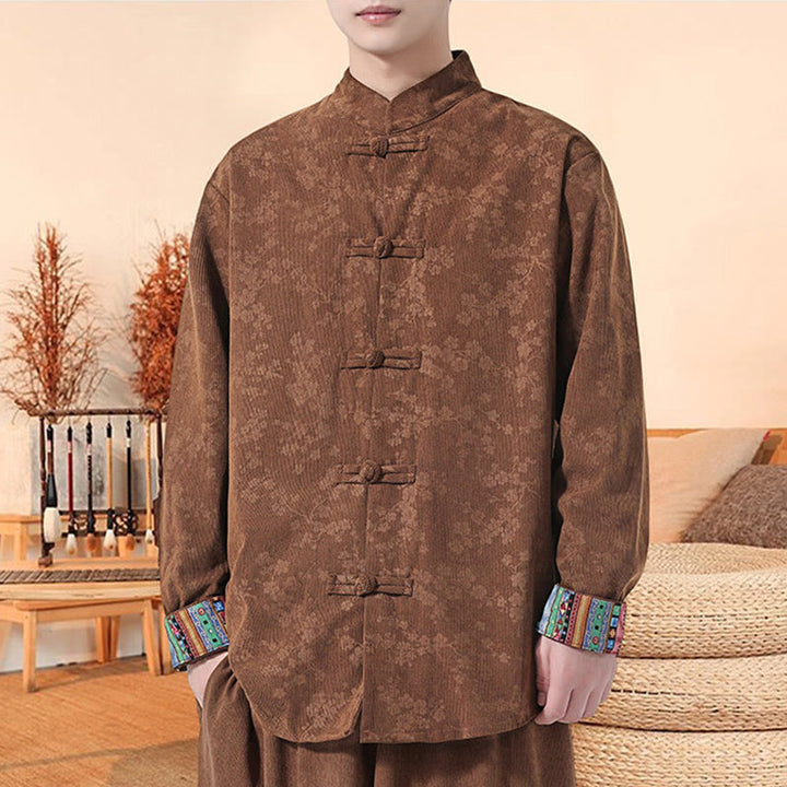 Veste de costume Tang en velours côtelé de coton à manches longues pour homme, motif fleur de prunier uni , Buddha Stones - image 17