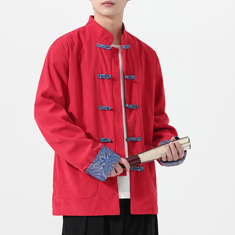 Veste de costume Tang à manches longues et poches pour homme, motif floral Buddha Stones , en velours côtelé de coton - Rouge - US/UK/AU46,EU56 (5XL) - image 0