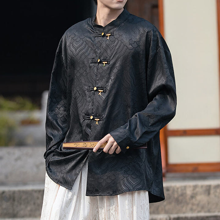 Chemise à manches longues pour homme, col montant, motif grenouille chinoise, motif bambou , Buddha Stones - Noir - US/UK/AU46,EU56 (5XL) - image 10