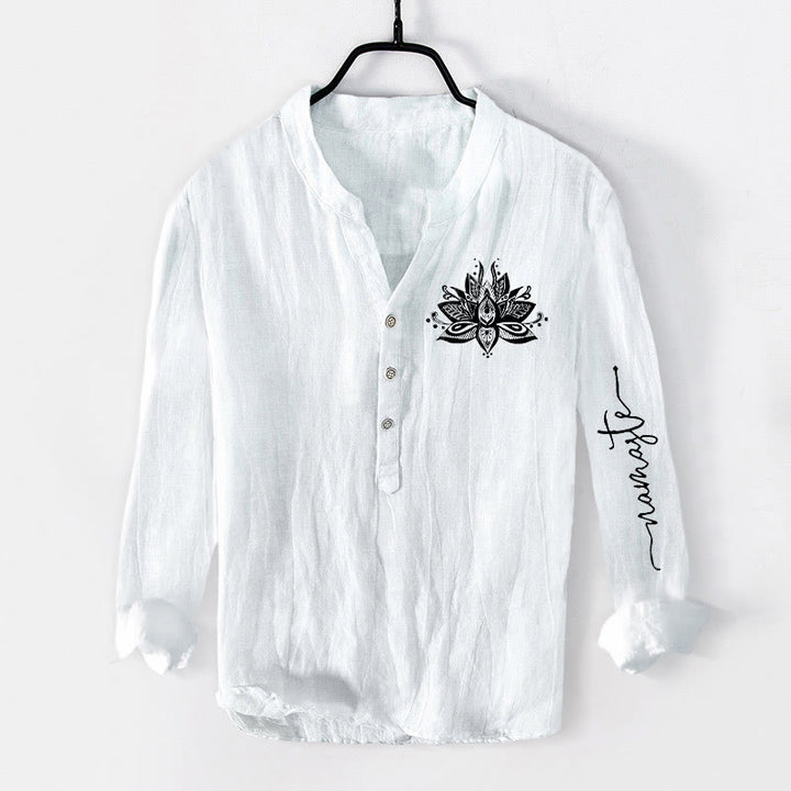 Chemise à manches longues en coton et lin pour homme, motif Buddha Stones et lotus, demi-boutons - Blanc - États-Unis/Royaume-Uni/AU50, EU60 (5XL) - image 6