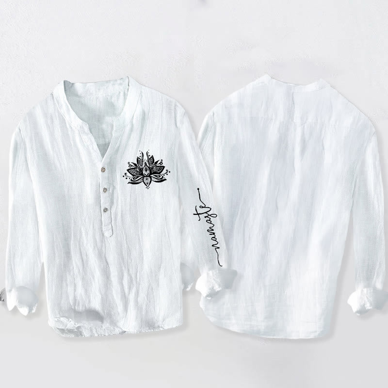 Chemise à manches longues en coton et lin pour homme, motif Buddha Stones et lotus, demi-boutons - image 8