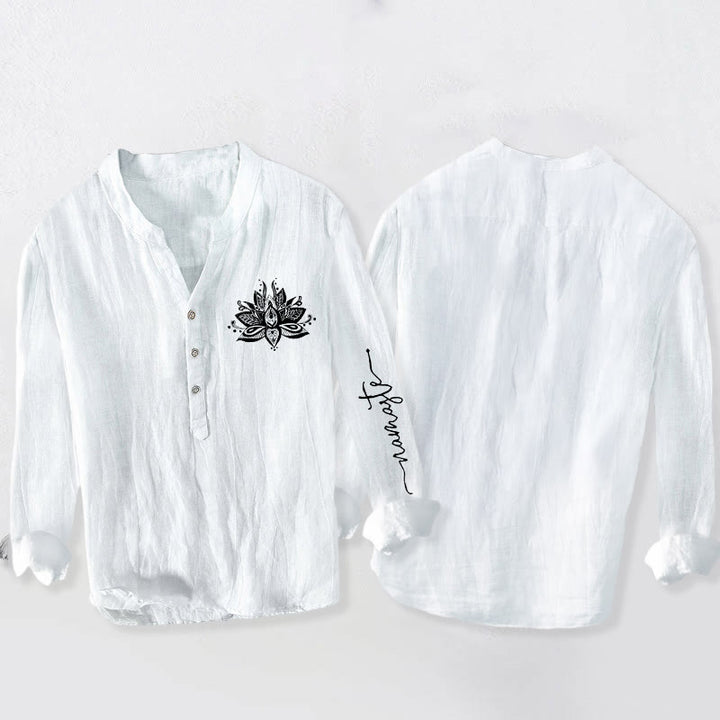 Chemise à manches longues en coton et lin pour homme, motif Buddha Stones et lotus, demi-boutons - image 8