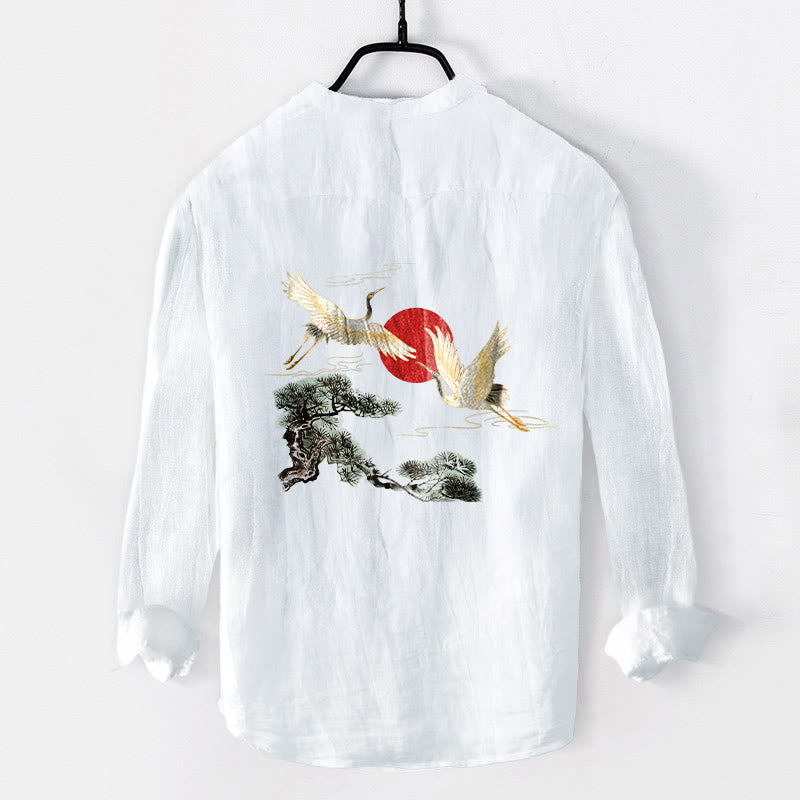 Chemise à manches longues en coton et lin pour homme , Buddha Stones, grue, soleil rouge, pin, demi-boutons - image 8